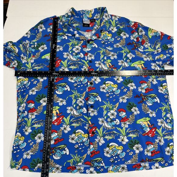 The Smurfs Hawaiian Shirt Sz 3XL Blue 100% Rayon Button Beach Camp Relax 80s - Picture 6 of 7